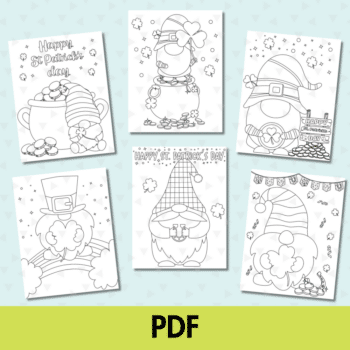 Shop image of the 6 free gnome coloring sheets with st. patricks' day theme