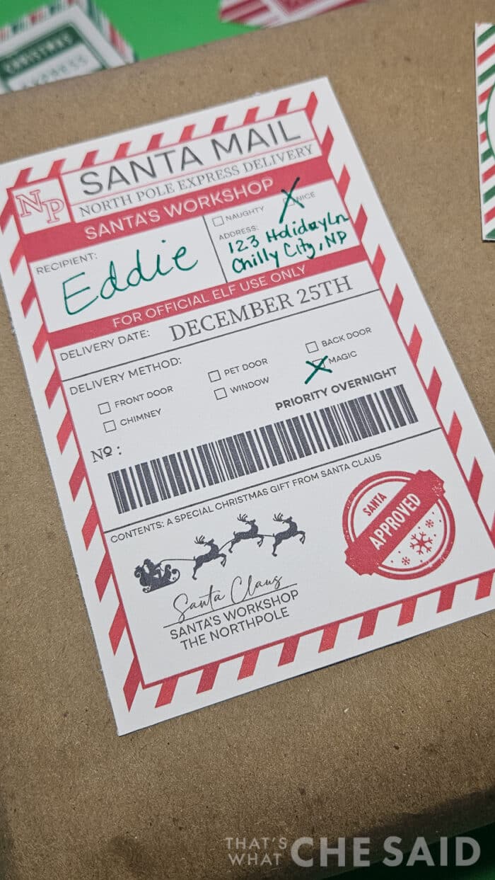 close up of printable north pole shipping label with options checked