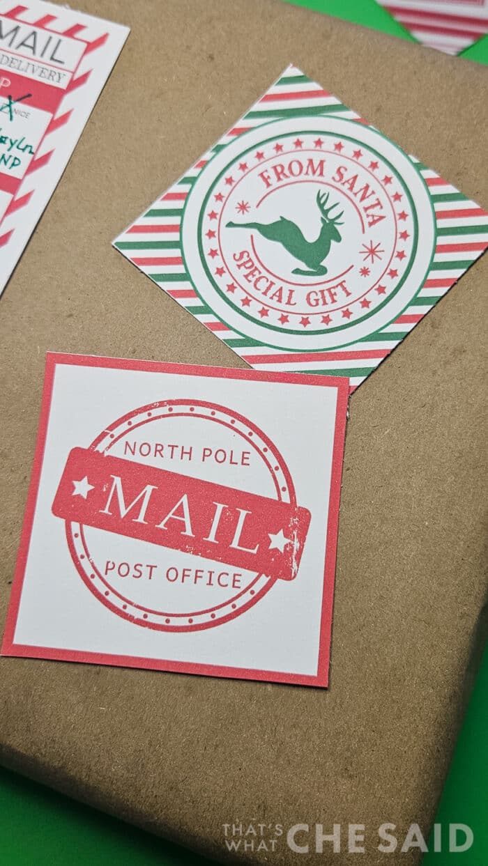 Santa's shipping lablels and stickers attached to box