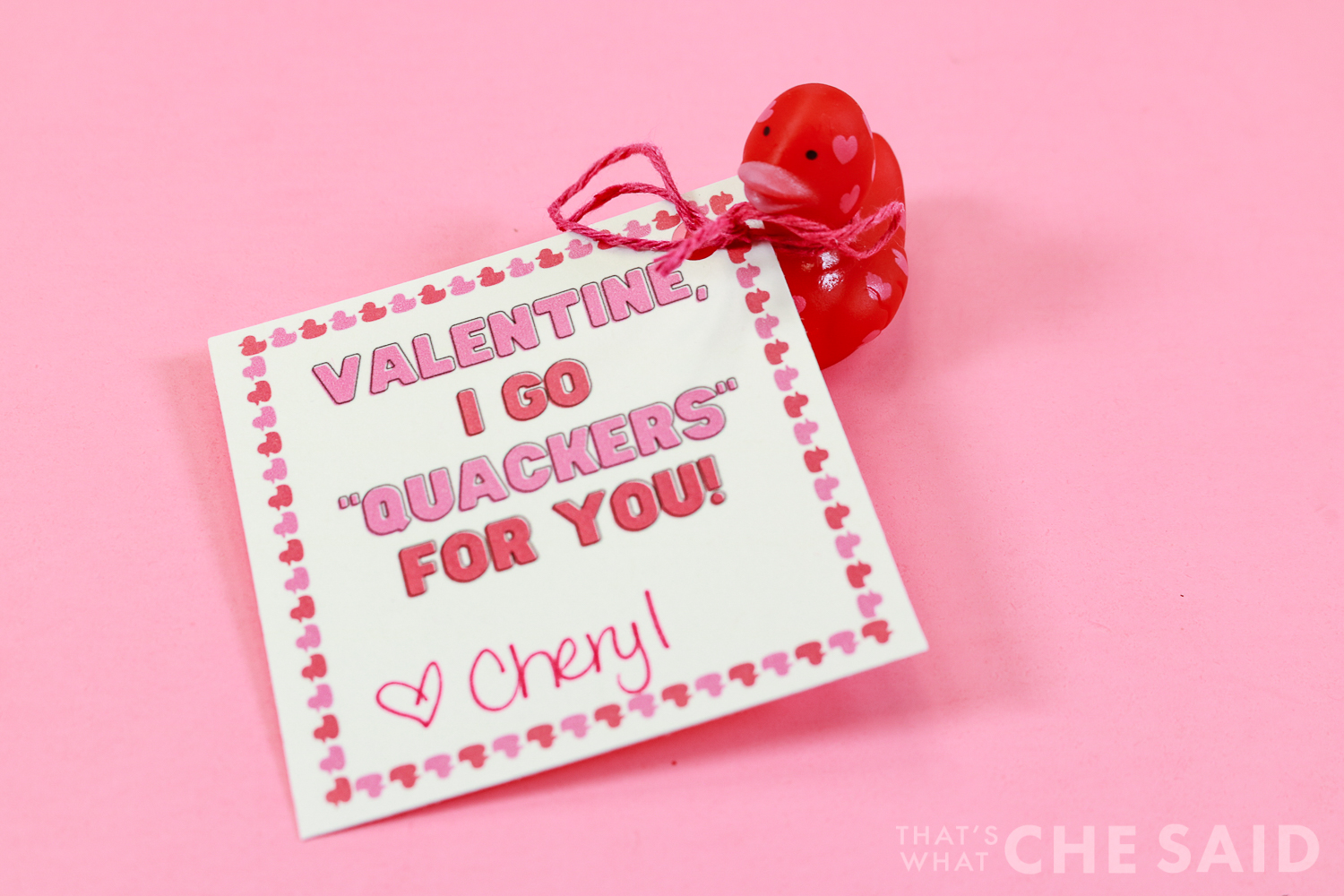 close up of rubber duck with valentine card