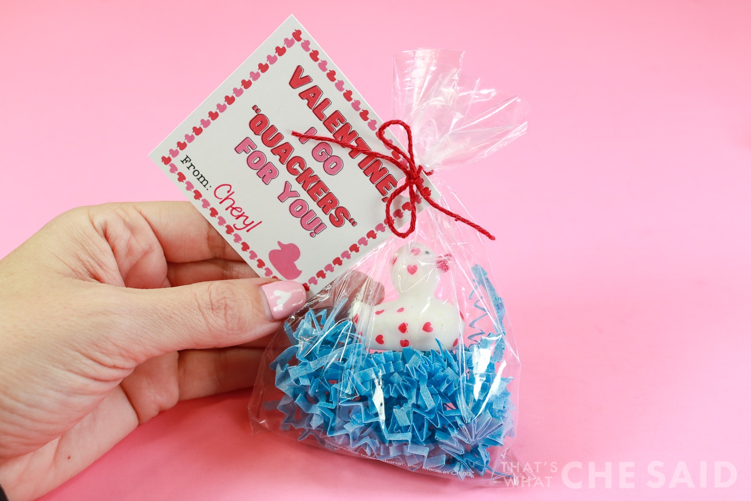Treat bag tied with twine and valentine tag attached