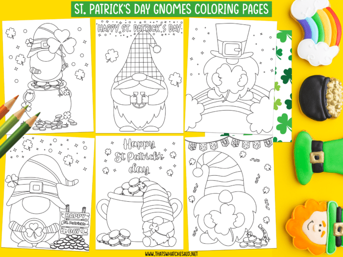 collage image with 6 free printable gnome coloring pages with St. Patricks' day props