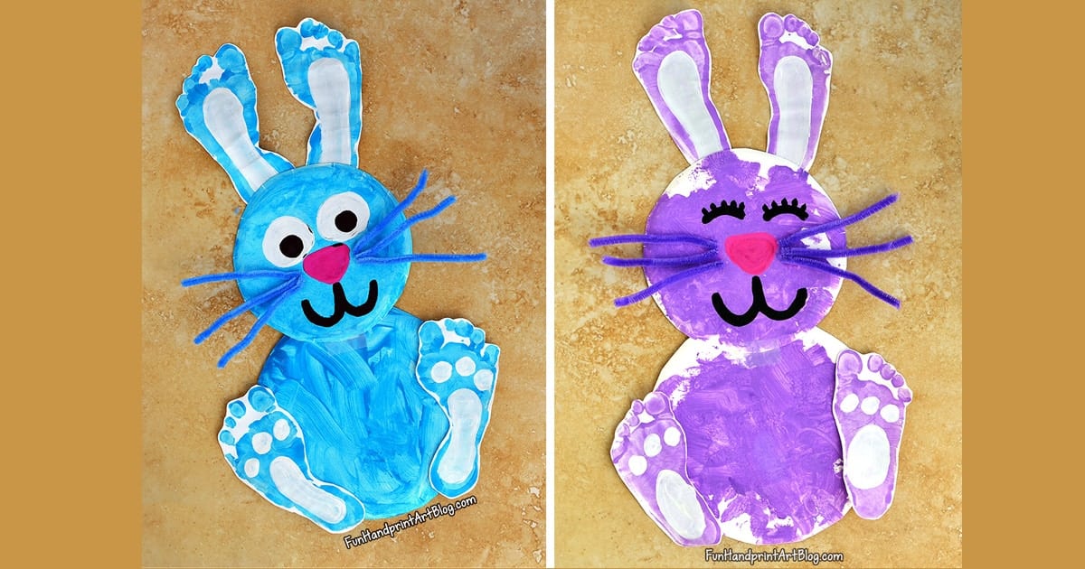 hand print and foot print bunny crafts in purple and blue