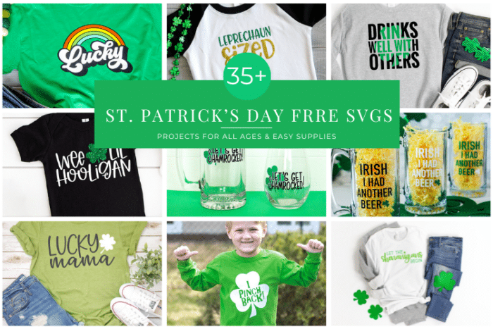 Collage of 9 of the 35 free St Patrick's Day SVG Files in Horizontal format
