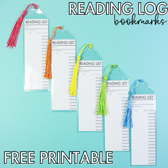 Square social media image of reading log bookmarks