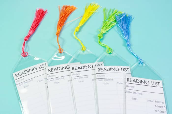 Reading List Bookmarks with rainbow tassels fanned out