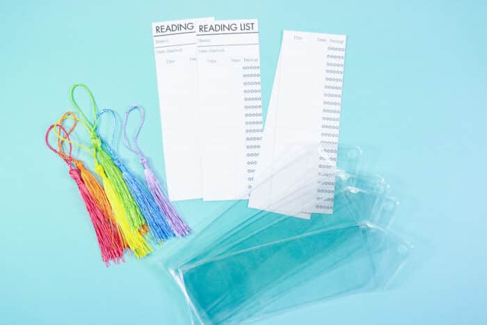 Reading List bookmark supplies: cut bookmarks, tassels and plastic sleeves