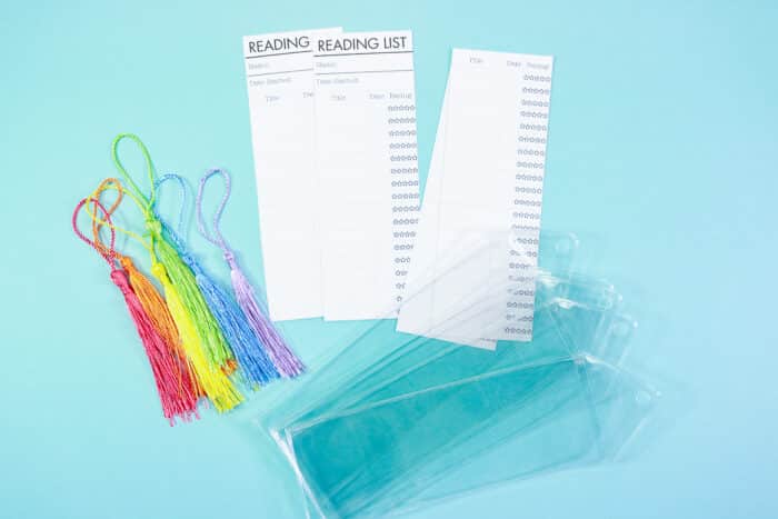 Reading List bookmark supplies: cut bookmarks, tassels and plastic sleeves