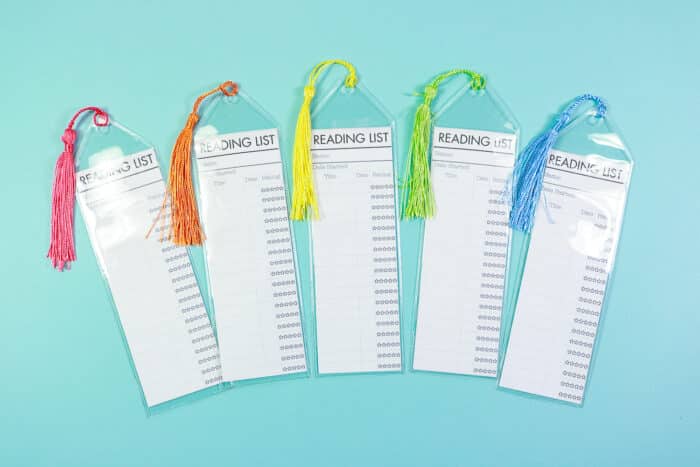 Horizontal image of Reading List Bookmarks with rainbow tassels fanned out