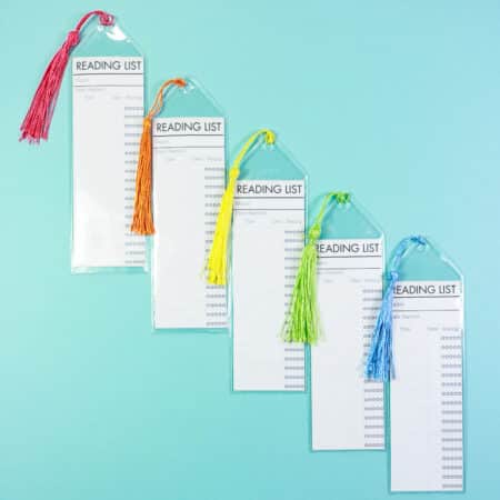 Square Reading List Bookmarks with rainbow tassels lined up