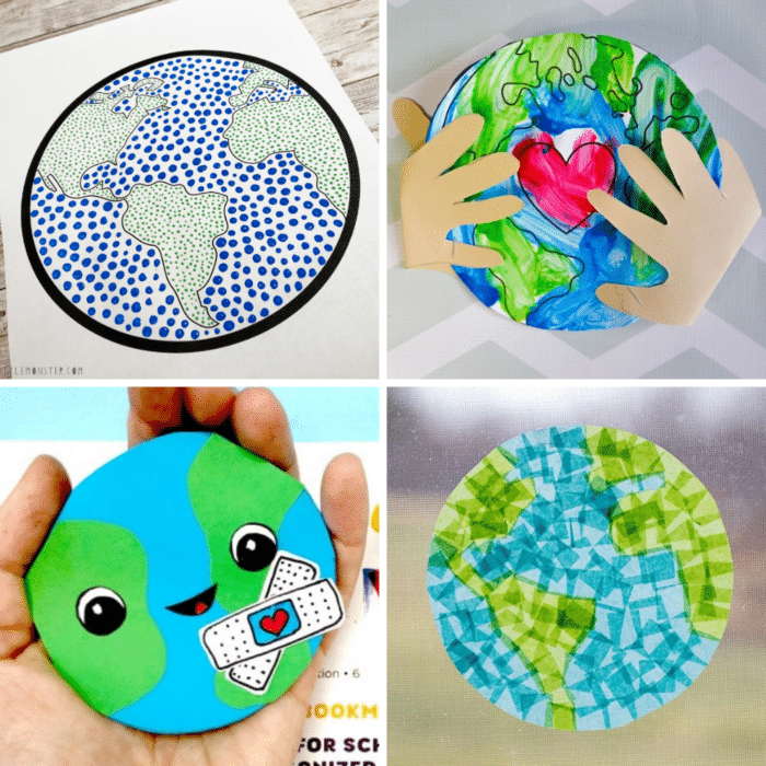 collage of 4 earth day crafts for kids including earth bookmarks and sun catchers