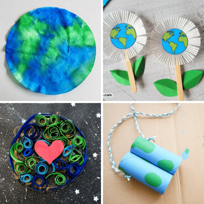 collage of 4 earth day crafts for kids including binaculars and rolled paper art