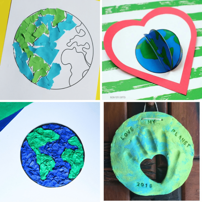 collage of 4 earth day crafts for kids including torn paper earth and salt dough ornaments