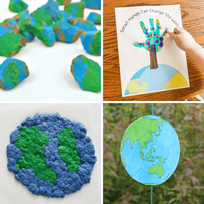 collage of 4 earth day crafts for kids including painted rocks and handprint project