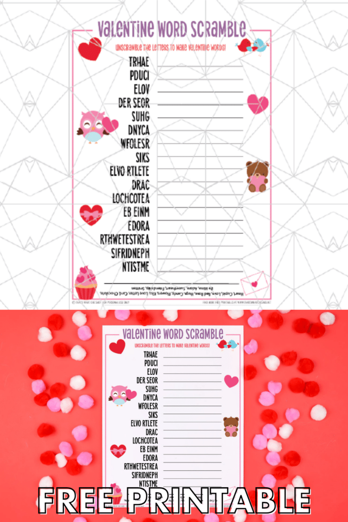 Valentine Word Scramble pin with image on bottom and printable vector on top