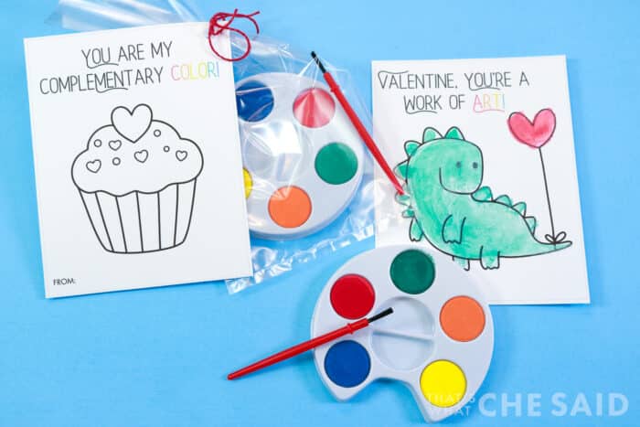 Close up of one assembled valentine and one painted valentine