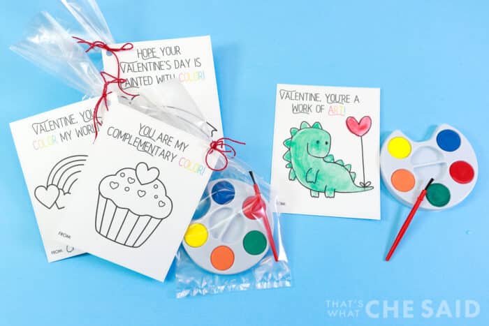 Assembled Paint Palette Valentines. Small cellophane bag with paint palette attached to free printable paintable card