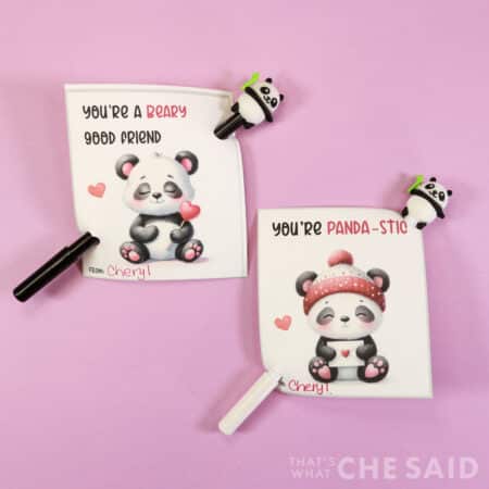 Purple background with Panda Valentine cards and panda pens in Square format