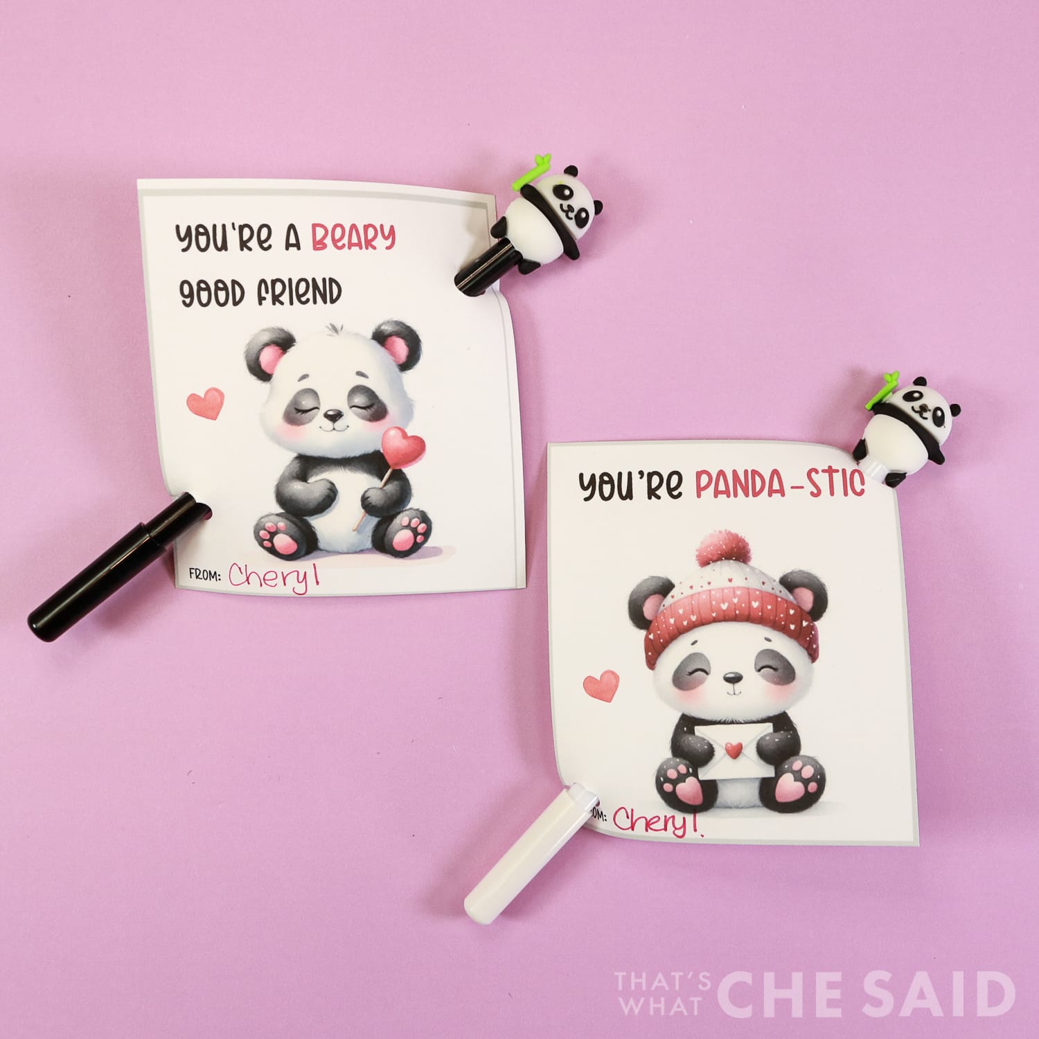 Purple background with Panda Valentine cards and panda pens in Square format