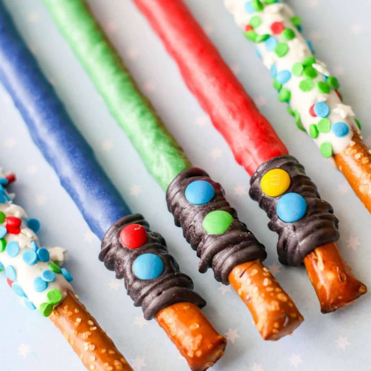 pretzles decorated as light sabers