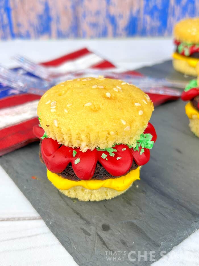 Close up of burger cupcake