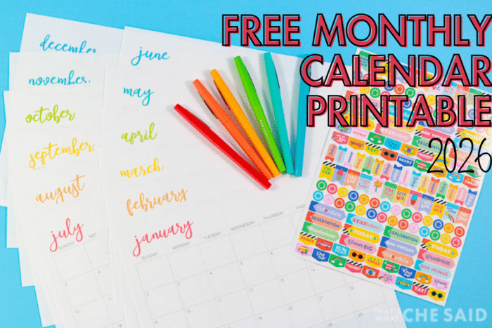 Printed 2026 Calendar sheets wtih planner stickers and rainbow colored flair pens.