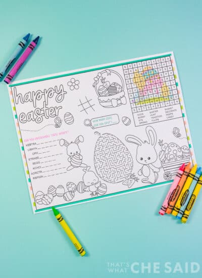 Vertical free printable easter placemat with crayons on aqua background