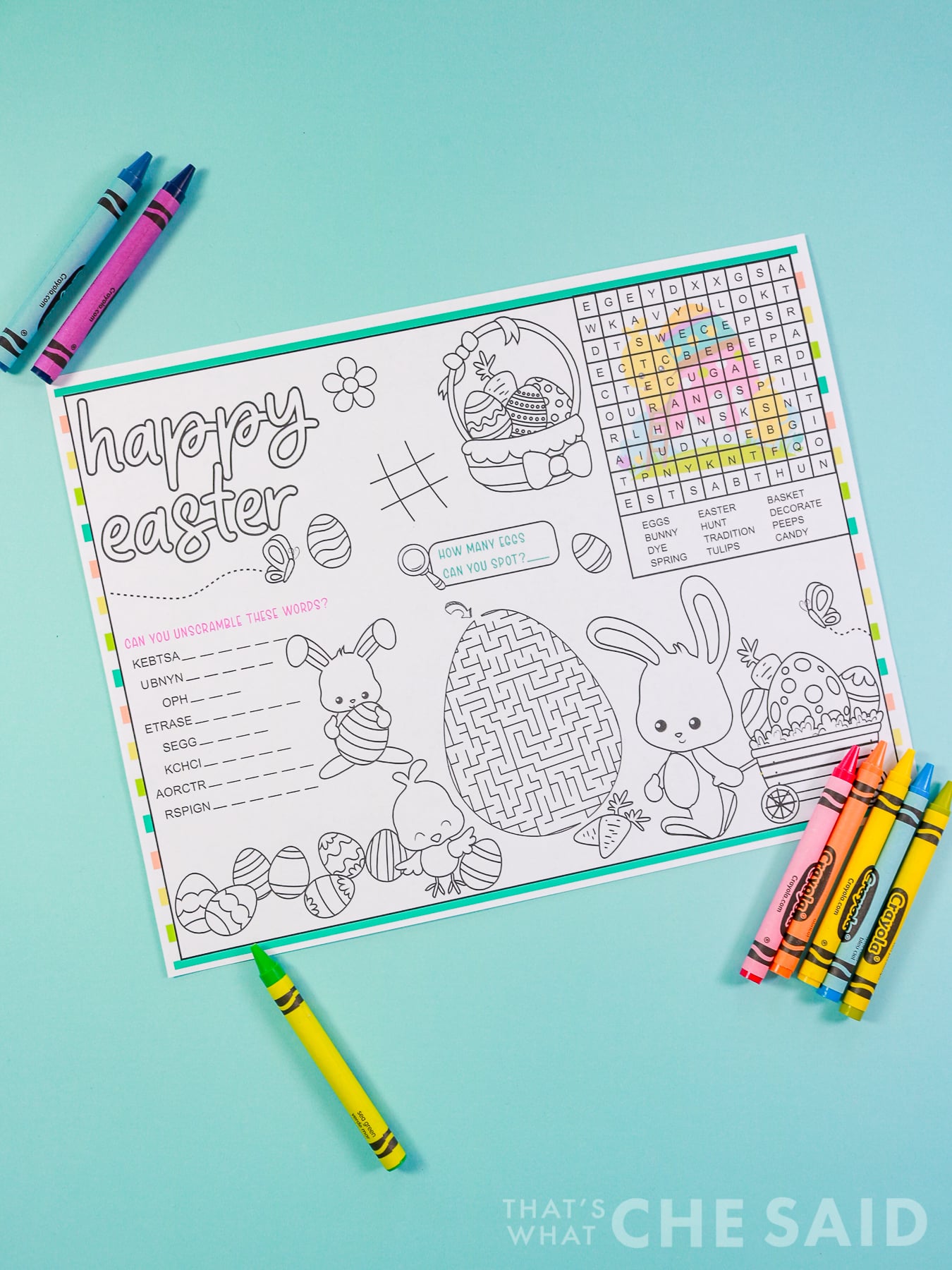 Vertical free printable easter placemat with crayons on aqua background