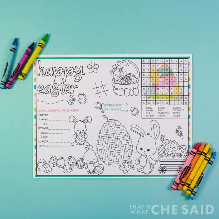 Easter Printable tablemat in square format on aqua border with crayons