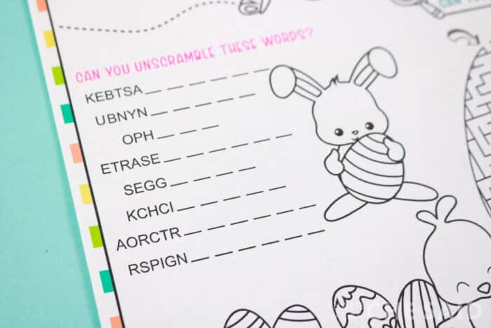 Close up of word scramble section of easter placemat free printable