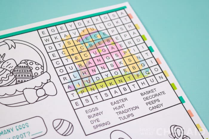 Close up of word search section of easter printable tablemat