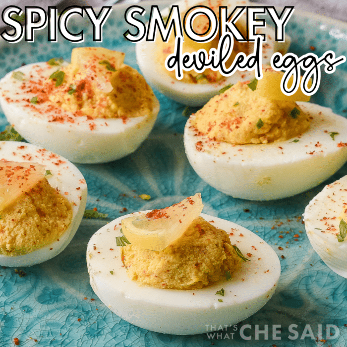 Spicy Smokey Deviled eggs recipe Square social image
