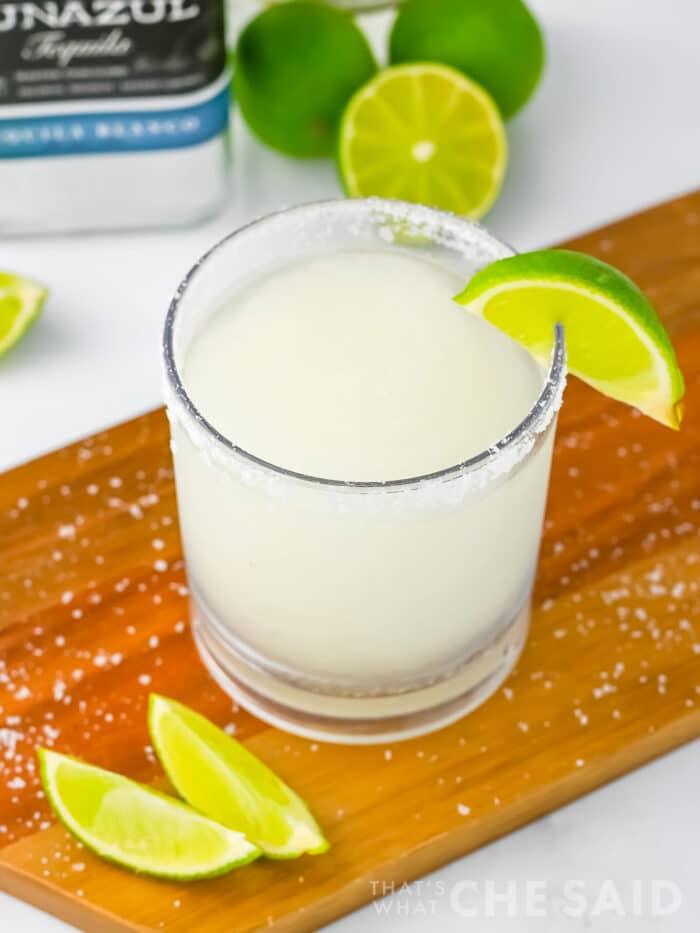 Vertical top down image of Frozen Limeade Margarita