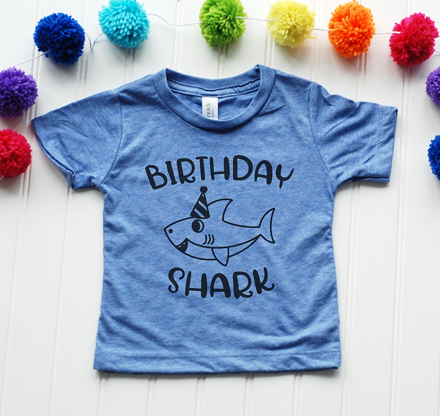 Birthday shark shirt with rainbow pom pom banner