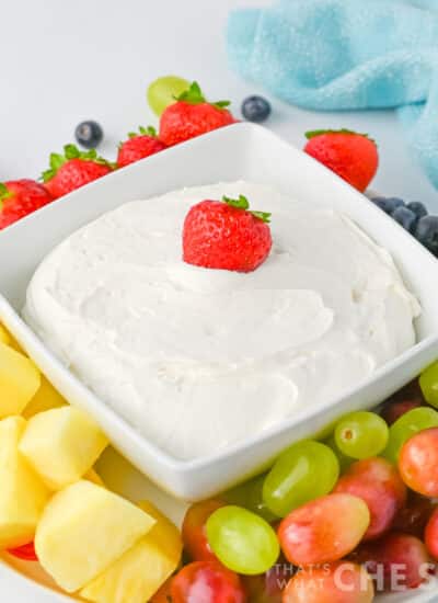 Cool Whip Fruit dip in a square dish with fruit around it, Square orientation