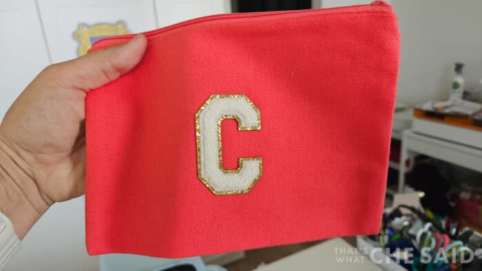 Finished pressed canvas bag with chenille letter C