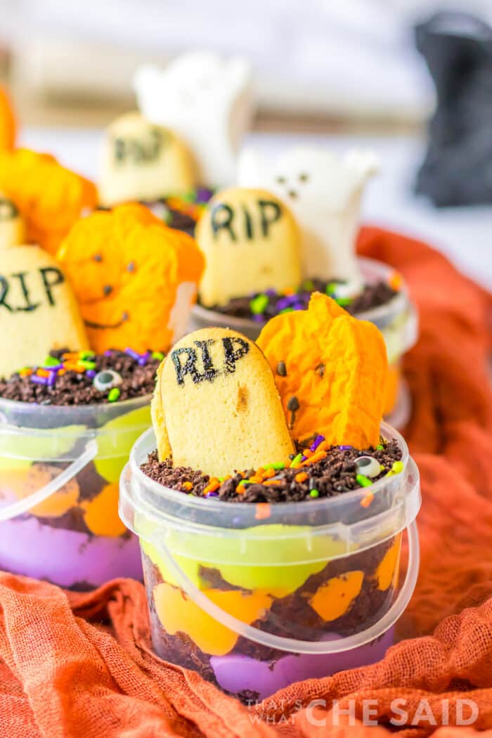 Halloween graveyard treat bucket on orange towel