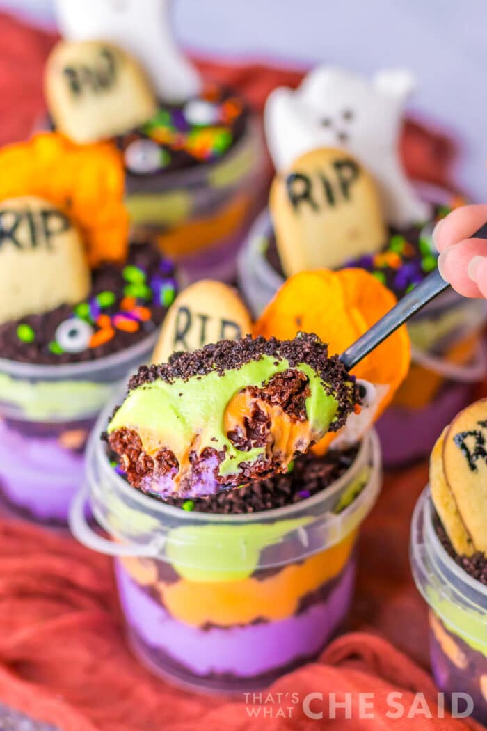 Spoonful of a Halloween graveyard treat cup