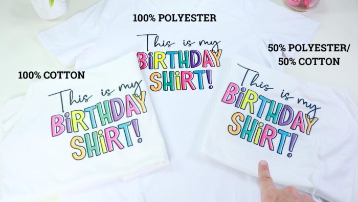 Comparison of Sublimation on three different mateial count shirts, 100% poly, 100% cotton and a 50/50 poly cotton blend