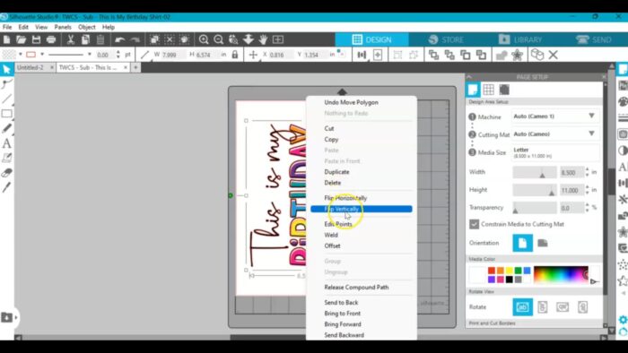 Screenshot of Silhouette Studio showing where to flip the image vertically to mirror