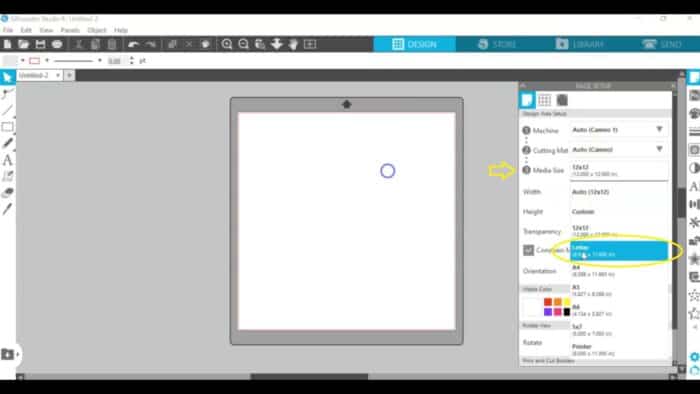 Screenshot of Silhouette Studio showing where to change the paper size to letter