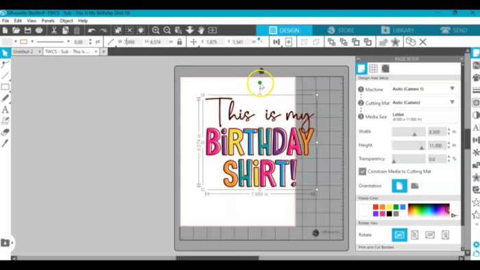 Screenshot of Silhouette Studio showing Where to rotate the design