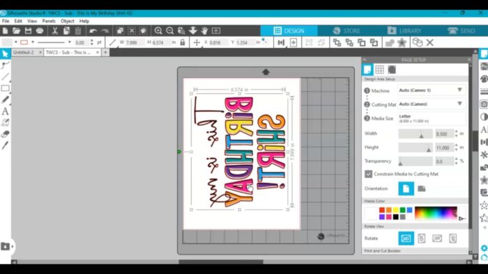 Screenshot of Silhouette Studio showing the flipped design