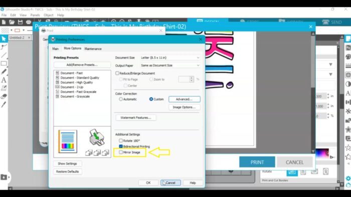Screenshot of Silhouette Studio showing where to mirror in printer settings