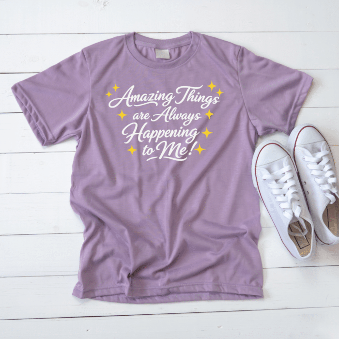 Purple tshirt with Amazing Things are always happening to me svg