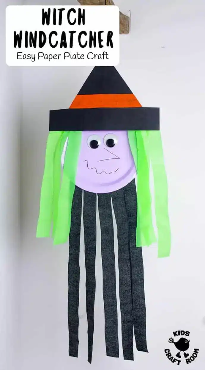 Witch Wind catcher from paper plate and crepe paper
