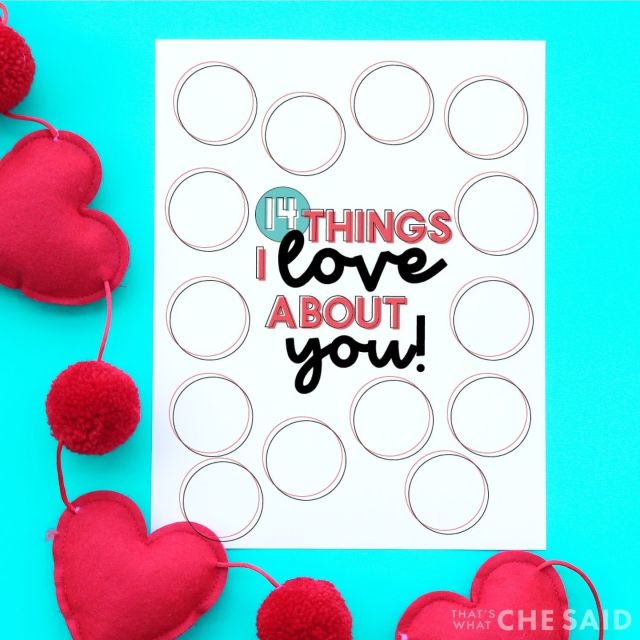 Start this on Feb 1st and let your child, spouse, girlfriend/boyfriend, whomever you love, know with this fun printable. Write 14 things you love, cover them with scratch-off stickers, and let them scratch one off every day until Valentine's Day!
https://www.thatswhatchesaid.net/things-i-love-about-you-printable/
#printablevalentines #valentinecard #valentinecards #schoolvalentines #schoolvalentine #stickers #stickershop #stickersheets #noncandy #noncandyvalentine #noncandytreats #noncandyvalentines